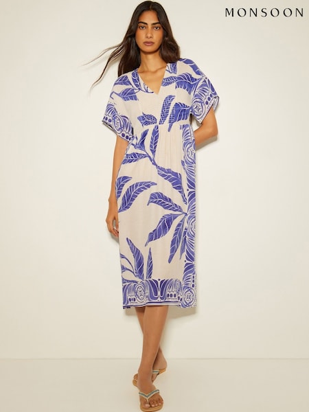 Monsoon White Dina Palm Print Midi Dress (F22770) | £90