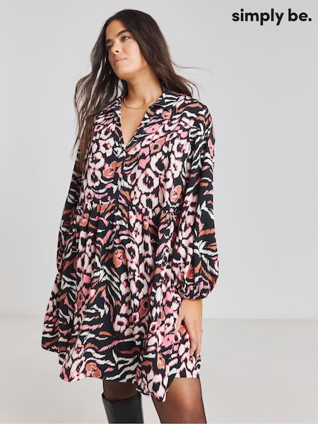 Simply Be Black Animal Leopard Print Poly Crepe Shirt Dress (F22806) | £36
