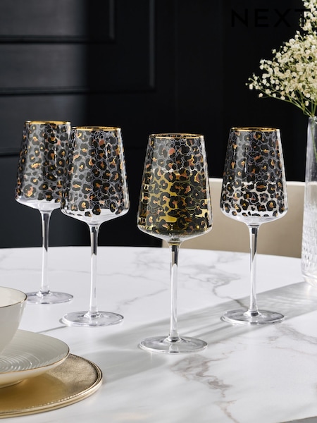Set of 4 Black Leopard Print Wine Glasses (F22854) | £28