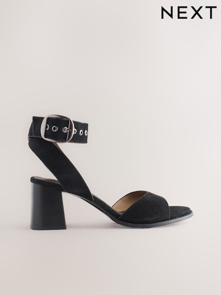 Black Forever Comfort® Leather Buckle Block Heel Sandals (F22938) | £49