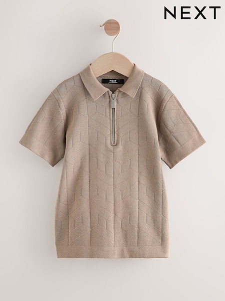 Taupe Brown Knitted Zip Neck Polo Shirt (3-16yrs) (F23189) | £14 - £19