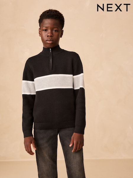 Black Colourblock Zip Neck Knitted Jumper (3-16yrs) (F23217) | £16 - £21