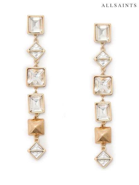 AllSaints Gold Tone Geometric Crystal Statement Linear Earrings (F23256) | £95