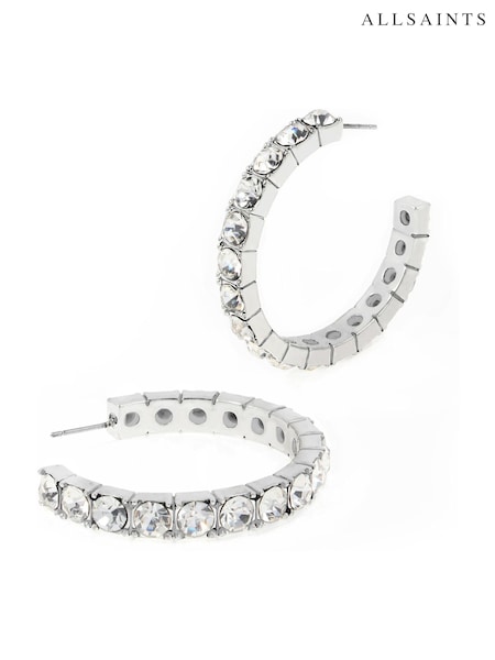 AllSaints Silver Tone Crystal Hoop Earrings (F23259) | £49