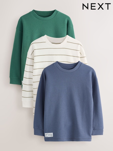 Blue/Green/Stripe Relaxed Fit Long Sleeve Textured T-Shirts 3 Pack (3-16yrs) (F23279) | £26 - £32