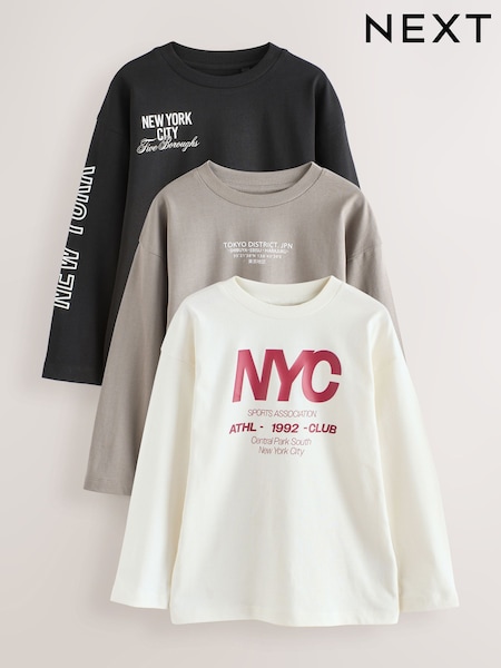 Black/White/Stone Relaxed Fit Graphic Print Long Sleeve T-Shirts 3 Pack (3-16yrs) (F23280) | £22 - £28