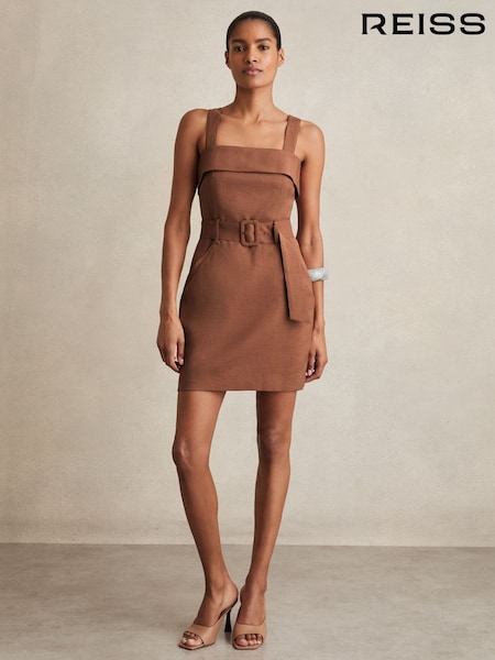 Reiss Brown Fia Belted Mini Dress (F23360) | £180