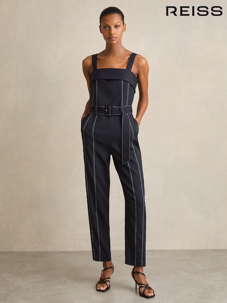 Reiss Navy Fianna Contrast Stitch Structured Jumpsuit (F23363) | £248