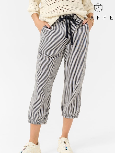 Kaffe KAnaya Striped Cropped Capri 100% Cotton Black Trousers (F23513) | £40