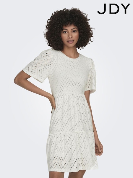 JDY White Short Sleeve Pointelle Tiered Jersey Dress (F23615) | £32