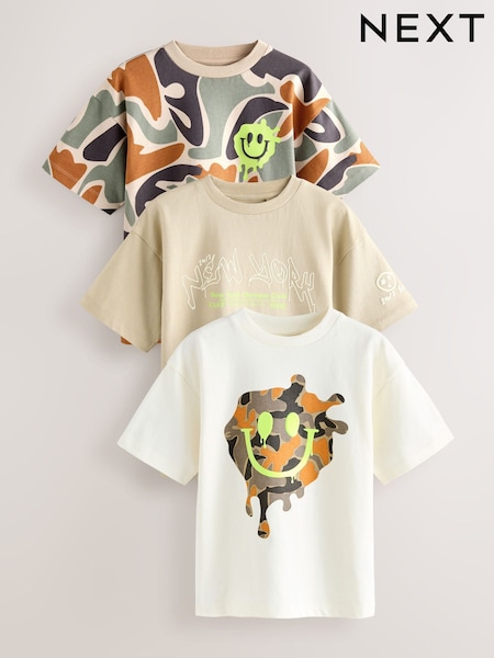 White/Stone/Camo Relaxed Fit Graphic Print Short Sleeve T-Shirts 3 Pack (3-16yrs) (F23636) | £19 - £25
