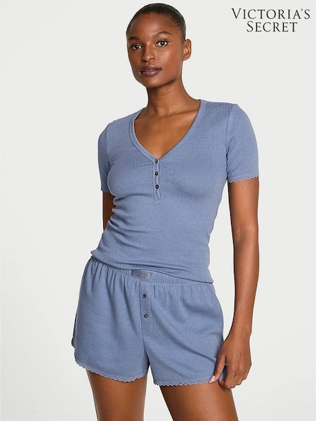 Victoria's Secret Moonlight Blue Pointelle Henley Short Sleeve Pyjama Set (F23655) | £39