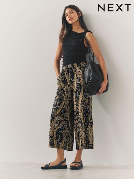 Black/Gold Paisley Print Wide Leg Jersey Culottes (F23708) | £26