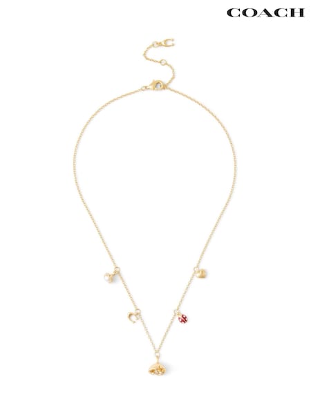 COACH Gold Tone Signature Floral Mini Charm Bib Necklace (F23714) | £95