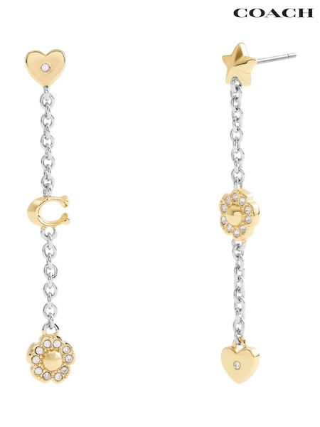 COACH Gold Tone Signature Tea Rose and Heart Linear Earrings (F23719) | £95