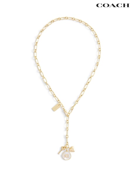 COACH Gold Tone Signature Mother of Pearl Coin Charm Y Necklace (F23722) | £95