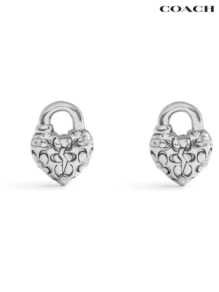 COACH Silver Tone Signature Quilted Broken Heart Padlock Stud Earrings (F23723) | £95