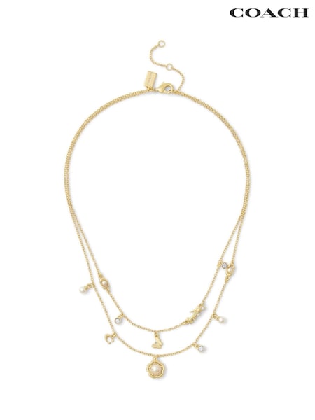 COACH Gold Tone Signature Tea Rose Pearl Layered Necklace (F23761) | £95