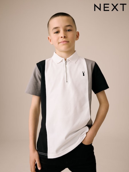 White/Black 100% Cotton Quarter Zip Colourblock Short Sleeve Polo Shirt (3-16yrs) (F23885) | £11 - £16