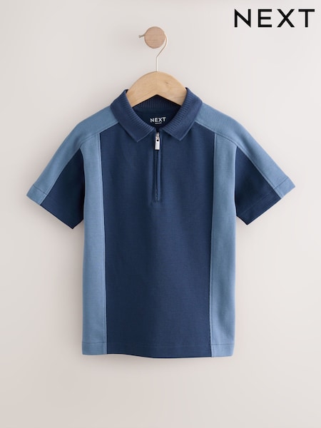 Navy Blue Zip Neck Textured Colourblock Polo Shirt (3-16yrs) (F23887) | £12 - £17