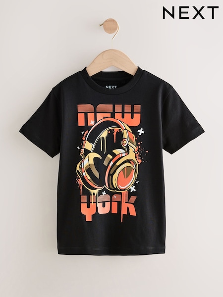 Black/Orange Headphones Short Sleeve Graphic Print T-Shirt (3-16yrs) (F23979) | £7 - £10