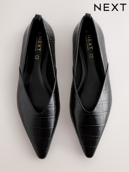 Black Croc Effect Forever Comfort® Premium Leather Pointed Toe Ballerinas (F24219) | £45