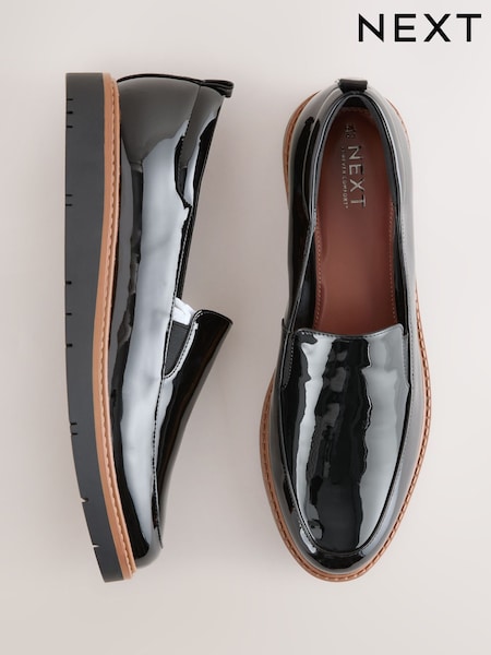 Black Patent Forever Comfort® Slip On Clean Chunky Sole Loafers (F24241) | £34