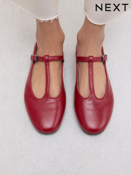 Red Forever Comfort® Leather T-Bar Ballerinas (F24308) | £36