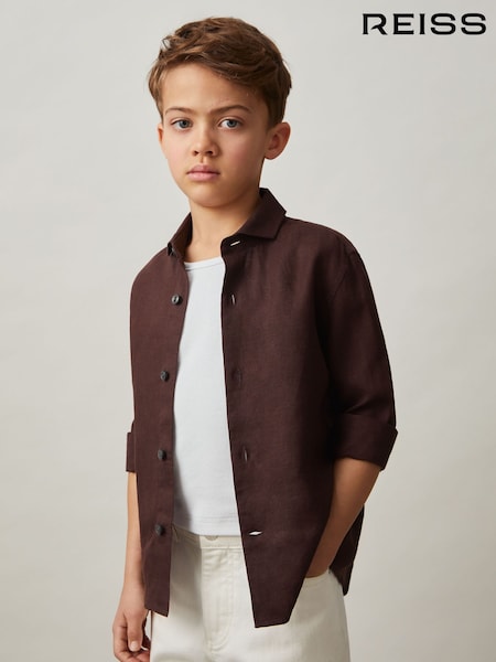 Reiss Dark Brown Ruban 9-13 yrs Linen Cutaway Collar Shirt (F24387) | £42