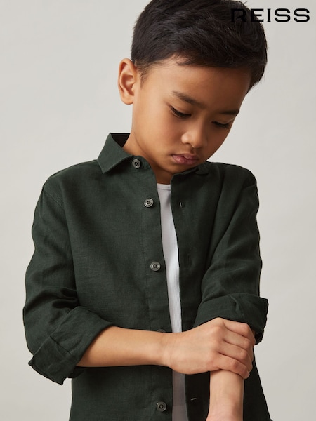 Reiss Dark Green Ruban Linen Long-Sleeve Shirt (F24389) | £42