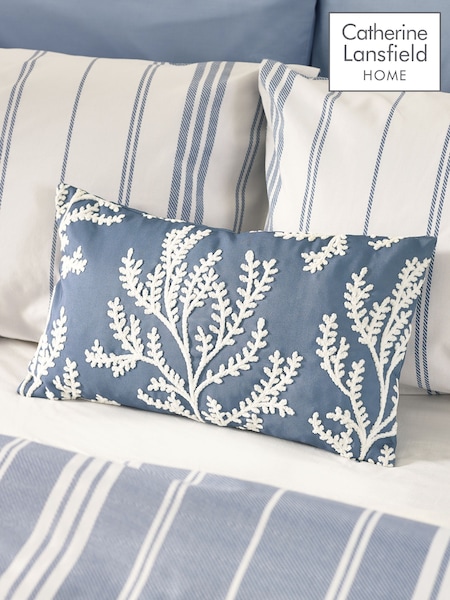Catherine Lansfield Chambray Blue Coral Leaf Embroidered Cushion (F24744) | £18