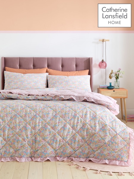 Catherine Lansfield Pink Darcy Floral Frill Edge Reversible Bedspread (F24745) | £55