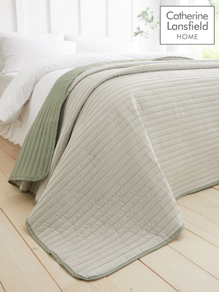Catherine Lansfield Sage Green Stripe Quilted Reversible Bedspread (F24756) | £35