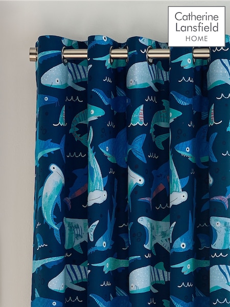 Catherine Lansfield Navy Blue Jawsome Shark Fully Reversible Eyelet Curtain (F24757) | £50