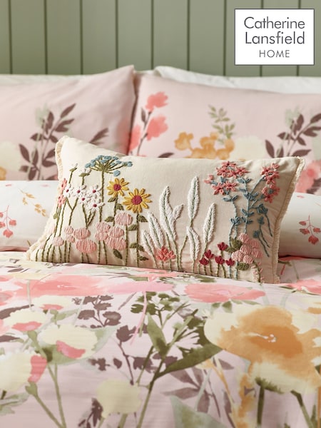 Catherine Lansfield Natural Countryside Floral Embellished Cushion (F24760) | £19