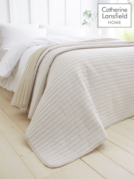 Catherine Lansfield Natural Stripe Quilted Reversible Bedspread (F24772) | £35