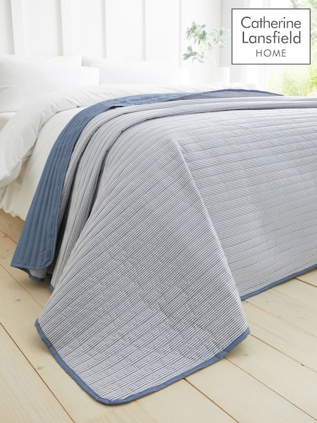 Catherine Lansfield Chambray Blue Stripe Quilted Reversible Bedspread (F24774) | £35