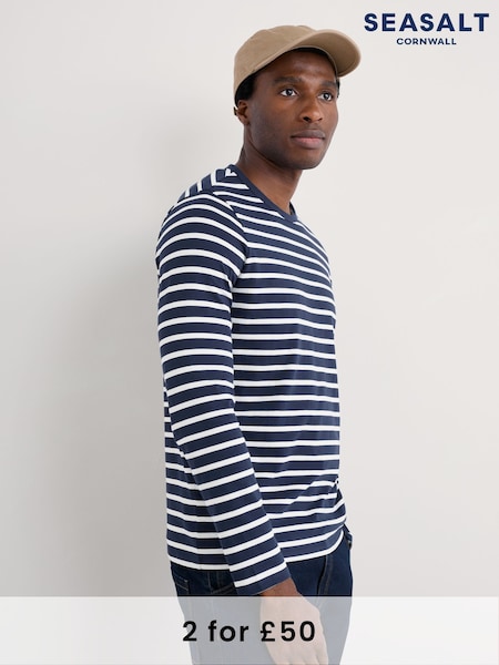Seasalt Cornwall Blue Mens 100% Cotton Sailor Shirt With Crew Neck (F24808) | £36