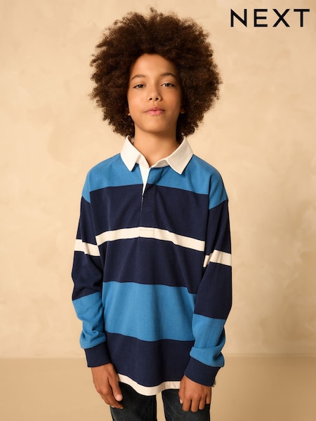Blue/White Long Sleeve Rugby 100% Cotton Polo Shirt (3-16yrs) (F24968) | £14 - £19