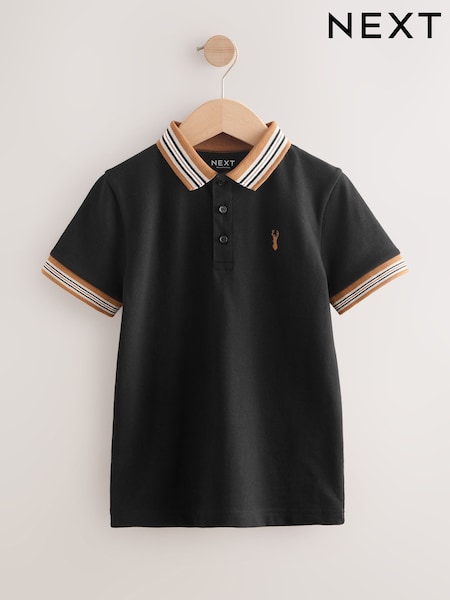 Black/Tan Stripe Tipped Collar Short Sleeve Polo Shirt (3-16yrs) (F24974) | £8 - £13