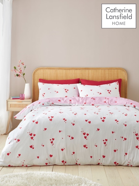 Catherine Lansfield White Red Seersucker Heart Duvet Cover Set (F24977) | £22 - £33