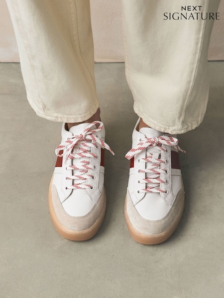 White Signature Premium Leather Chunky Side Stripe Lace Up Trainers (F25013) | £52