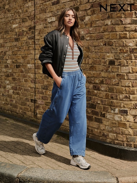 Mid Blue Barrel Leg Denim Jersey Trousers (F25192) | £35