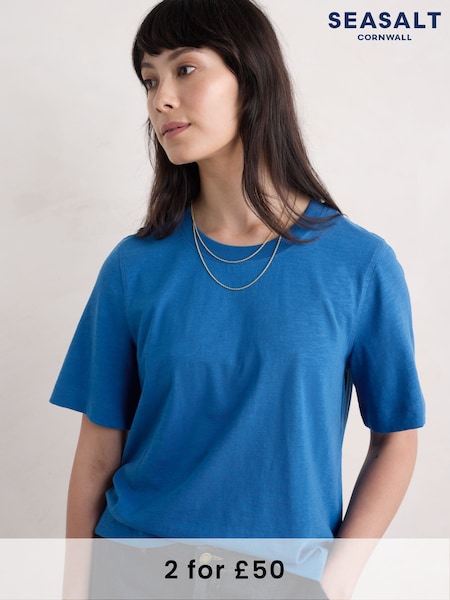 Seasalt Cornwall Blue Copseland Striped 100% Cotton T-Shirt (F25214) | £26