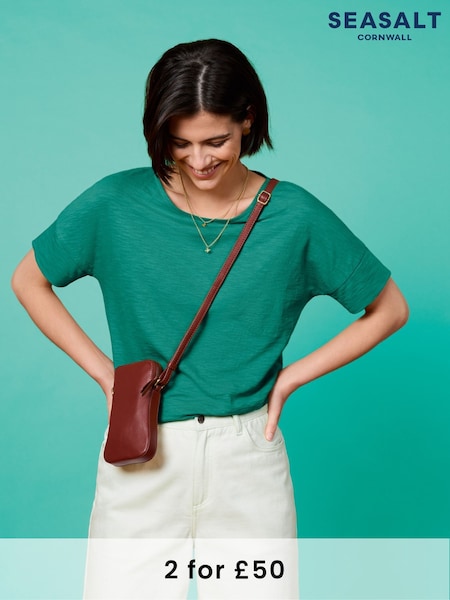 Seasalt Cornwall Green Bryher View 100% Cotton Boat Neck T-Shirt (F25227) | £28
