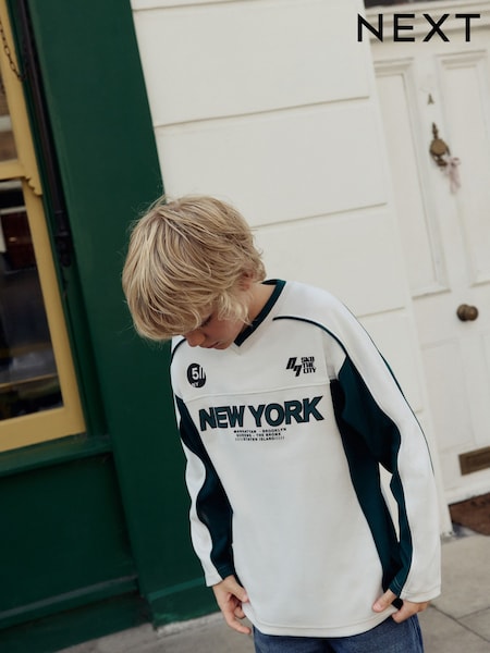 Ecru/Green Varsity Long Sleeve Cotton T-Shirt (3-16yrs) (F25253) | £15 - £18