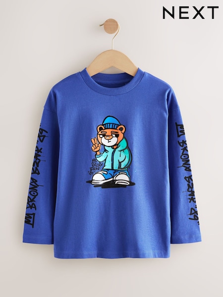 Blue Hip Hop Bear Relaxed Fit Graphic Print Long Sleeve Cotton T-Shirt (3-16yrs) (F25266) | £9 - £12