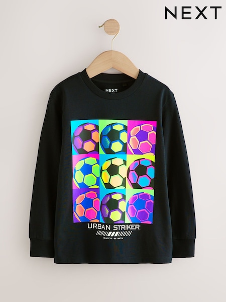 Black Bright Football Regular Fit Long Sleeve Graphic Print 100% Cotton T-Shirt (3-16yrs) (F25274) | £7 - £10