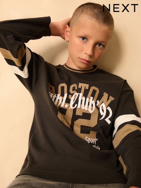 Charcoal Grey Varsity Long Sleeve Cotton T-Shirt (3-16yrs) (F25289) | £14 - £17