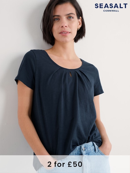 Seasalt Cornwall Blue Light Pink Appletree Keyhole Detail T-Shirt (F25306) | £28